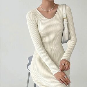 V Neck Ribbed Knit Sweater Dress Beige Sweater Dress🤍